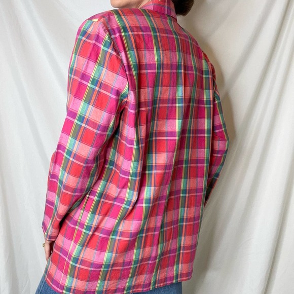 Vintage 90s rainbow plaid single breasted blazer oversized longline colorful M - Picture 3 of 17